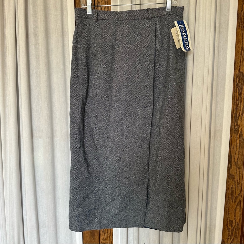 Pendelton Blue Herringbone Tweed Faux Wrap Midi Skirt
